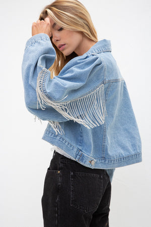 DENIM CROP RHINESTONE FRINGE SLEEVE