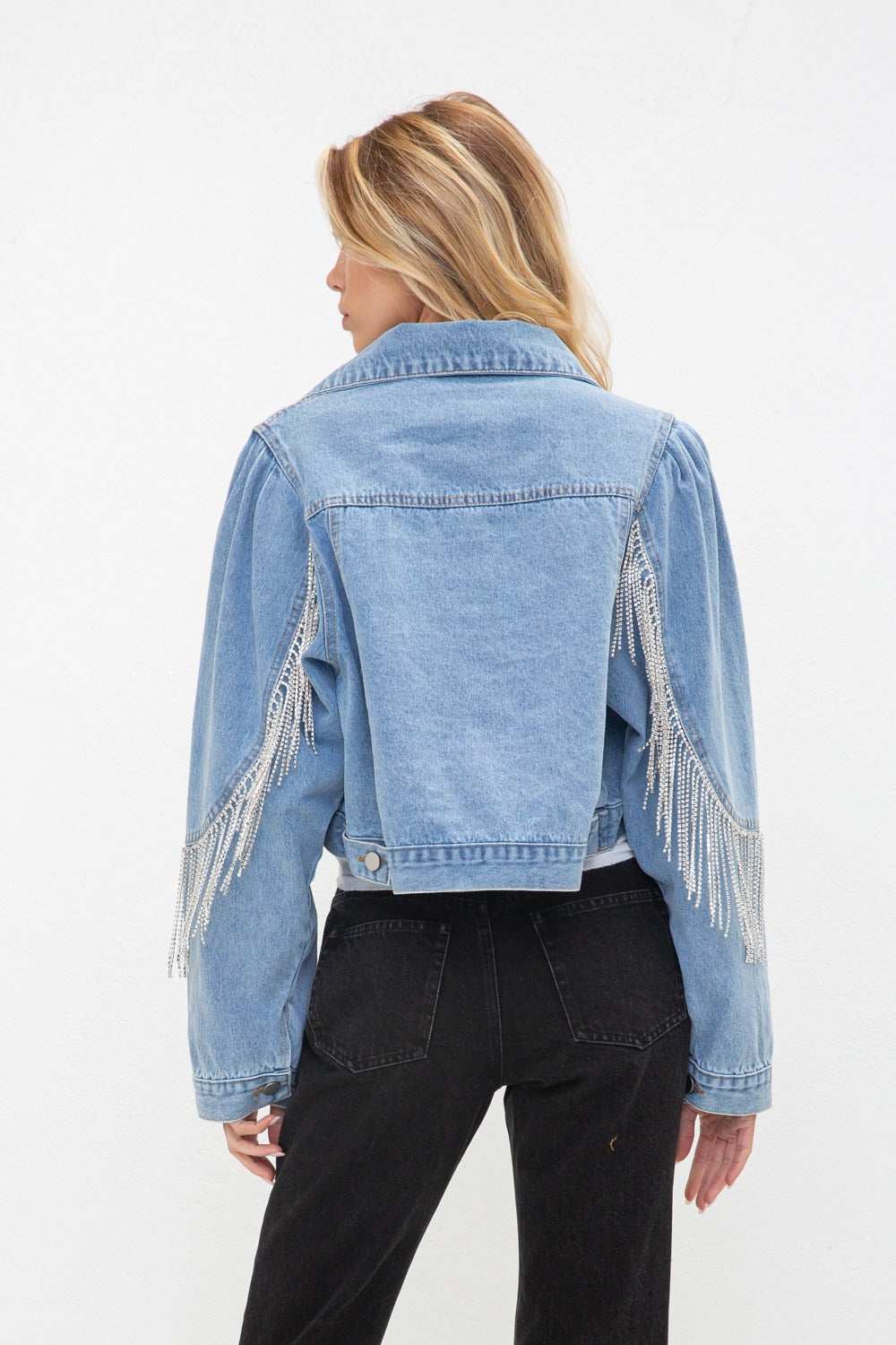 DENIM CROP RHINESTONE FRINGE SLEEVE