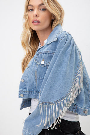 DENIM CROP RHINESTONE FRINGE SLEEVE